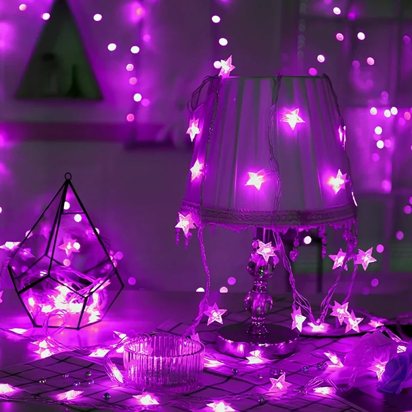 LED five-pointed star string lights with copper wiring in multiple colour options and length configurations