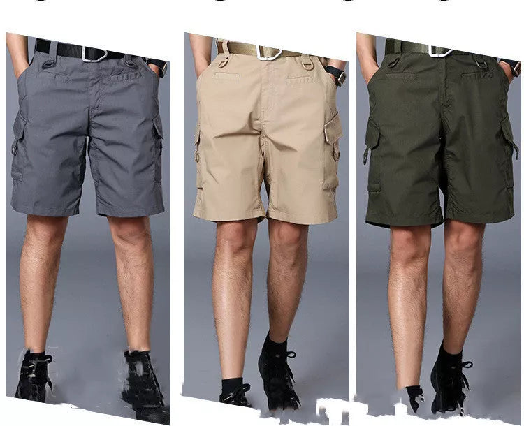 Men's classic tactical shorts in Grey, Army Green, and Khaki, sizes S to XXL