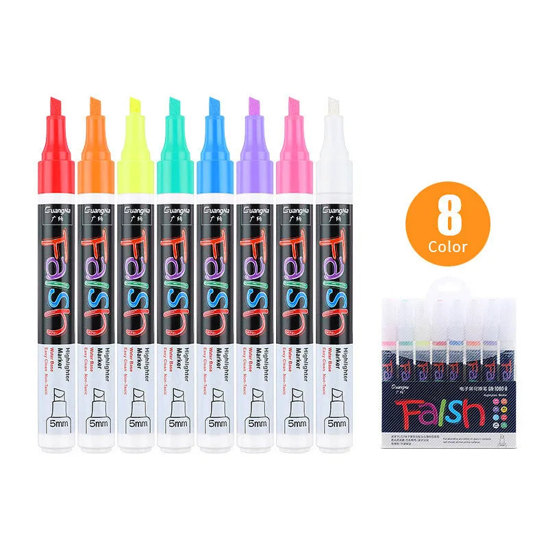 Electronic fluorescent plate highlighter with 6mm tip, plastic shell, and oblique shape for comfortable use.