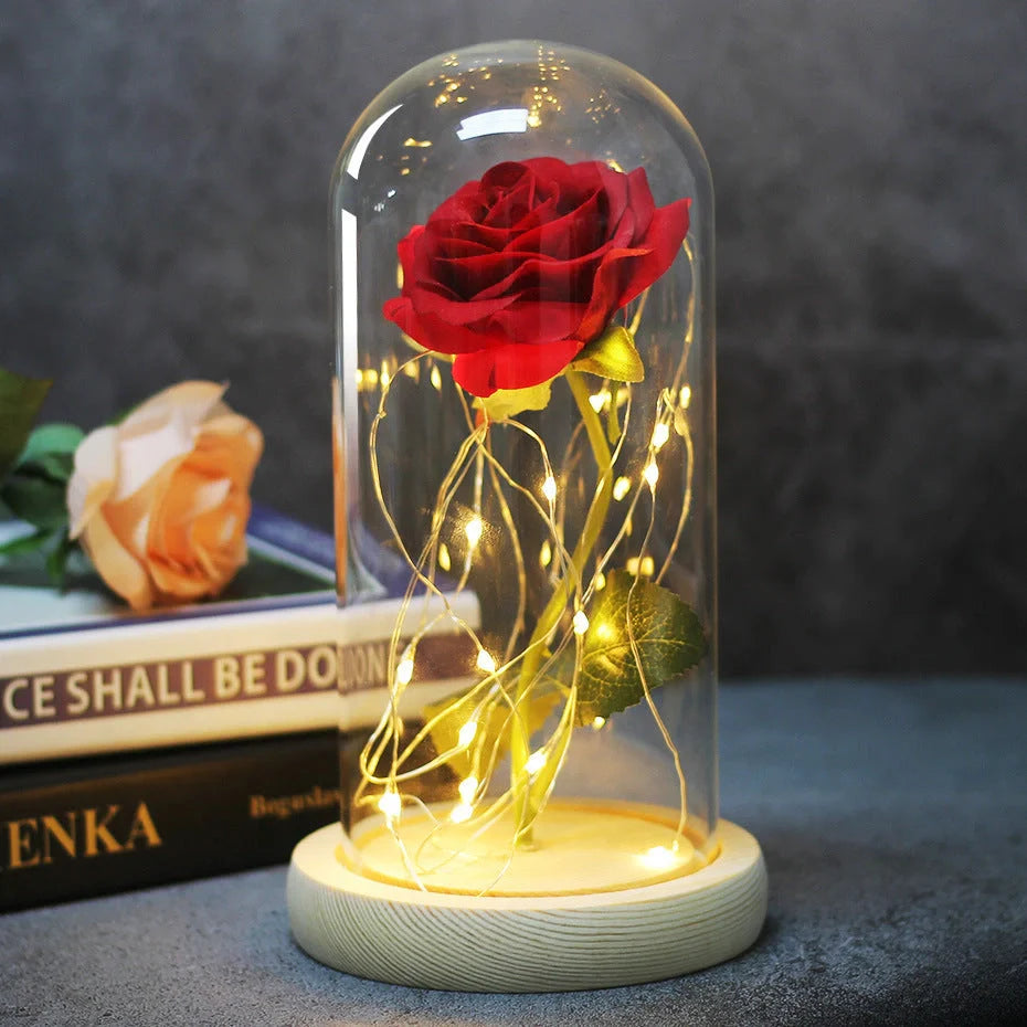 Enchanted Forever Rose in Glass LED Light Christmas Decoration with wooden base