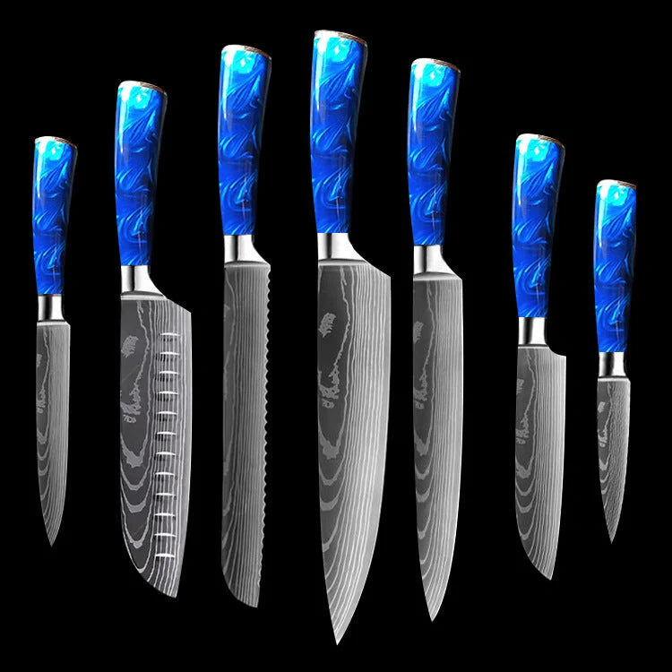 8-inch Chef Knife with vibrant blue resin handle, perfect for precision cutting in the kitchen.
