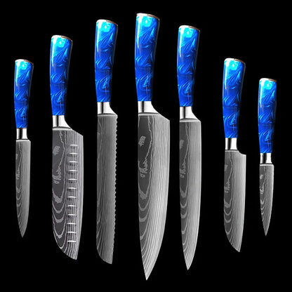 8-inch Chef Knife with vibrant blue resin handle, perfect for precision cutting in the kitchen.