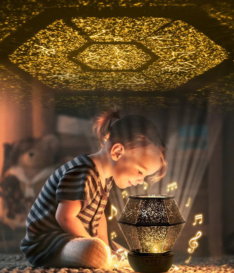 Children's rotating star night light projecting coloured starlight patterns on a bedroom wall.