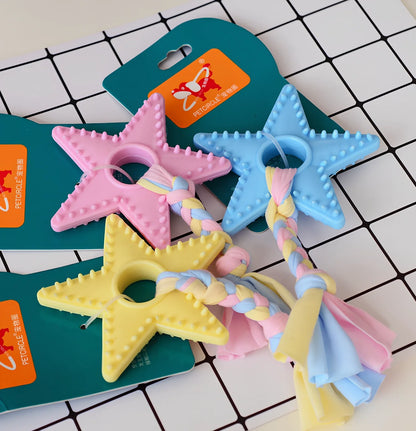 Non-toxic rubber dog chew toys in star, ring and ball shapes with textured cleaning surface