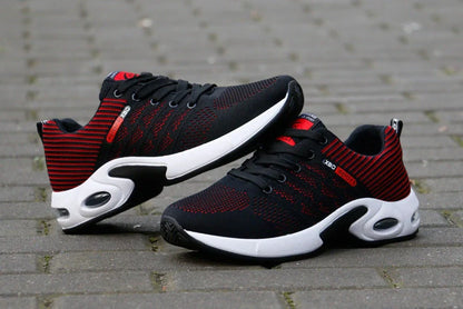 Men's breathable mesh casual shoes in blue, black, gray, and black red colors