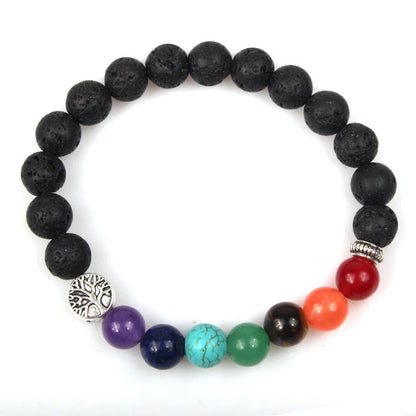 Handcrafted black lava beaded bracelet with seven chakra stones for healing and balance