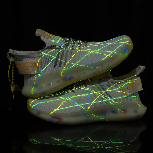 Men's luminous casual shoes with flying weave upper in white, black, and apple green