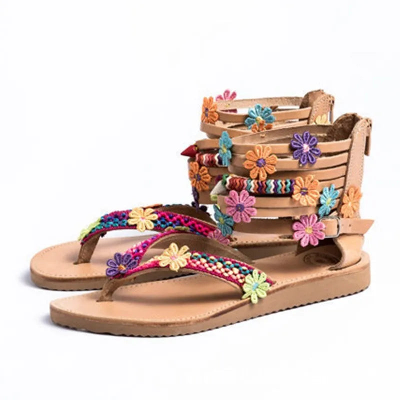 Ethnic style beaded petal sandals with artificial PU upper and floral decoration, Roman shoe design in sizes 35-43