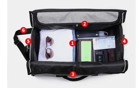 Cylinder travel bag in black with 36-55L capacity, Oxford cloth waterproof construction