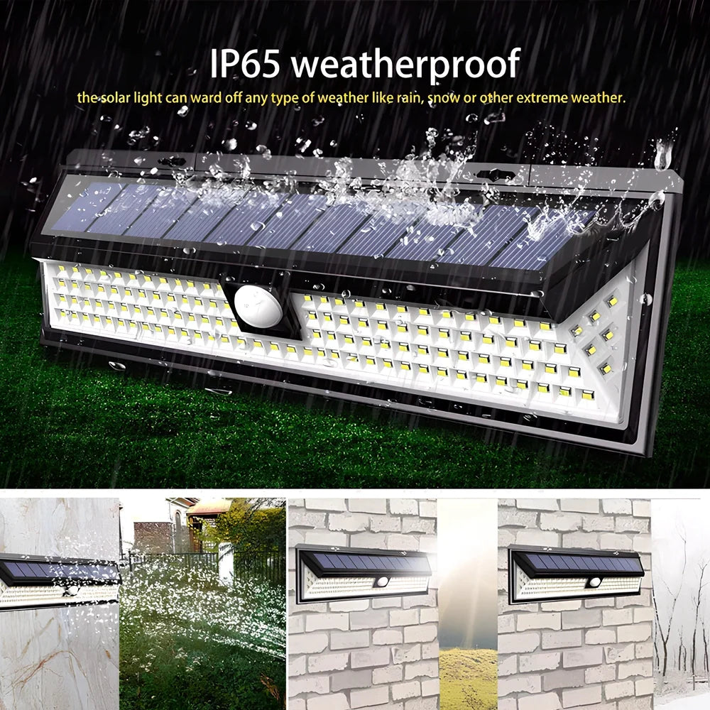 Solar-powered outdoor light with motion sensor and 118 LED beads for garden security lighting