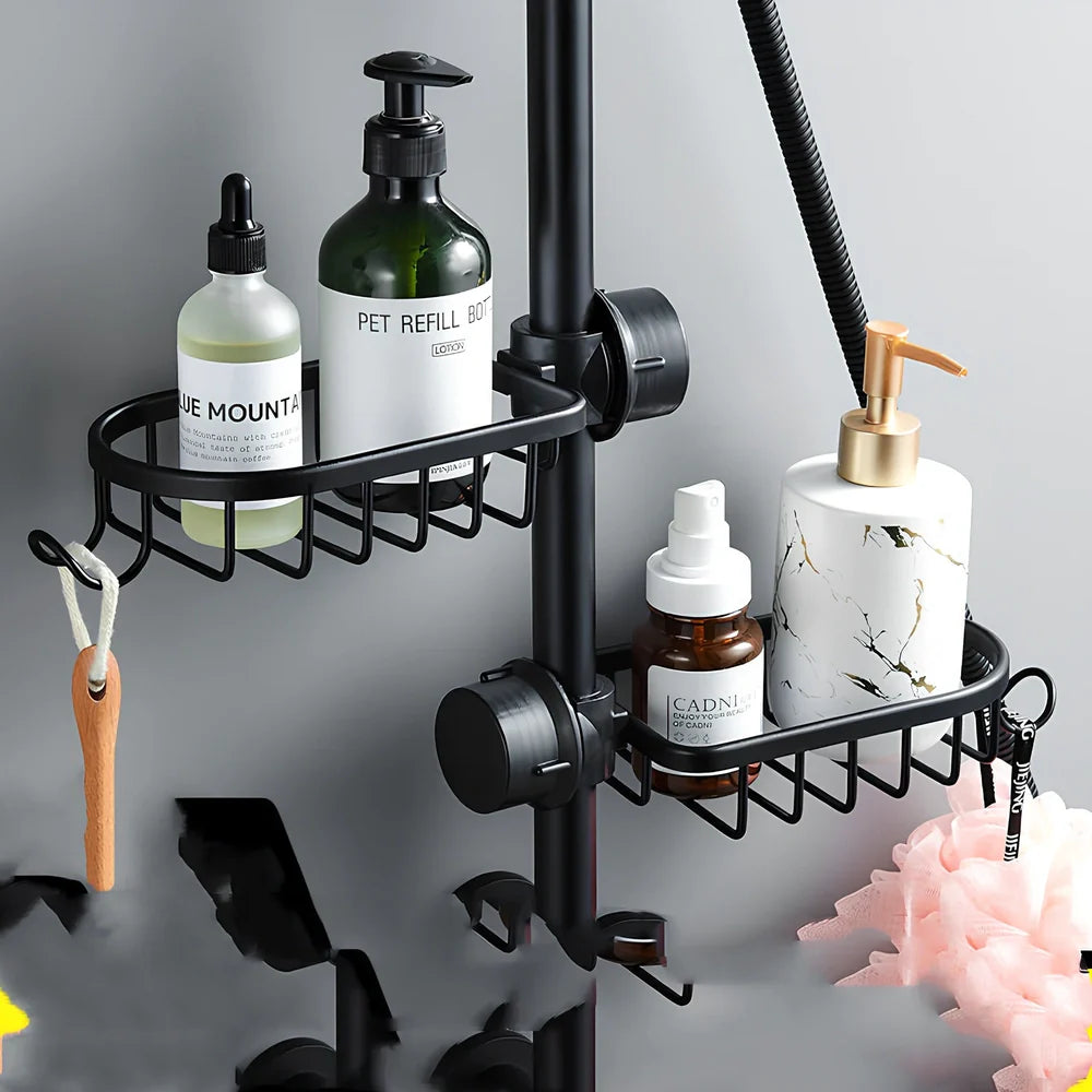 Black aluminium shower storage rack with shelves for bathroom organisation