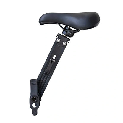 Black front-mounted kids bicycle seat with quick-release attachment for mountain bikes