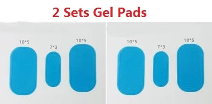 Compact EMS muscle stimulator unit with remote control and gel pads for abdominal and buttock toning.