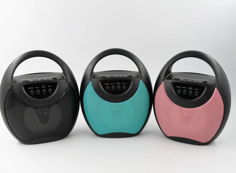 Portable Bluetooth speaker with USB and SD card support for mobile devices featuring a 1200 mAh built-in lithium battery providing 6 hours of playback time in black, blue, or pink plastic casing