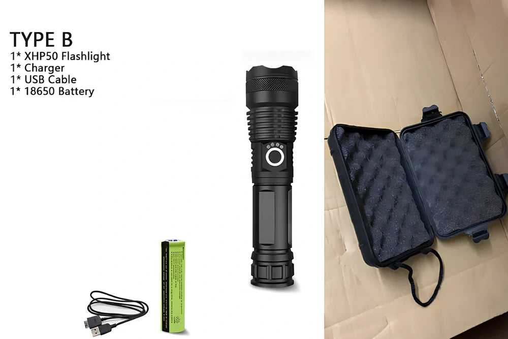 Black aviation aluminium LED torch with telescopic zoom lens showing extended and retracted positions