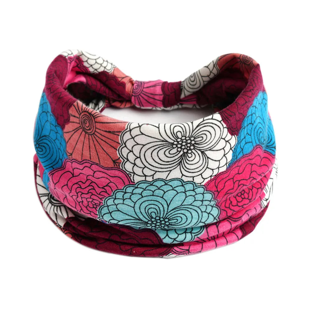 Bohemian cloth yoga sports headband with floral and polka dot patterns, available in multiple colours.