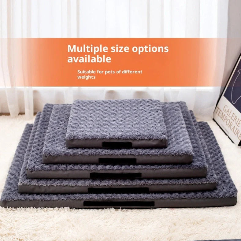 Dark grey dog mat with embossed velvet texture showing size comparison from 50×40cm to 120×75cm