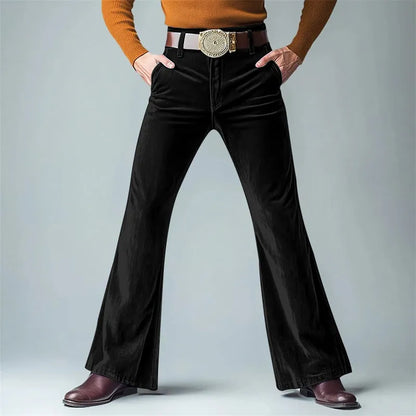 Men's velvet slim flared suit trousers in seven colours including black, dark red, green, blue, khaki, brown and yellow