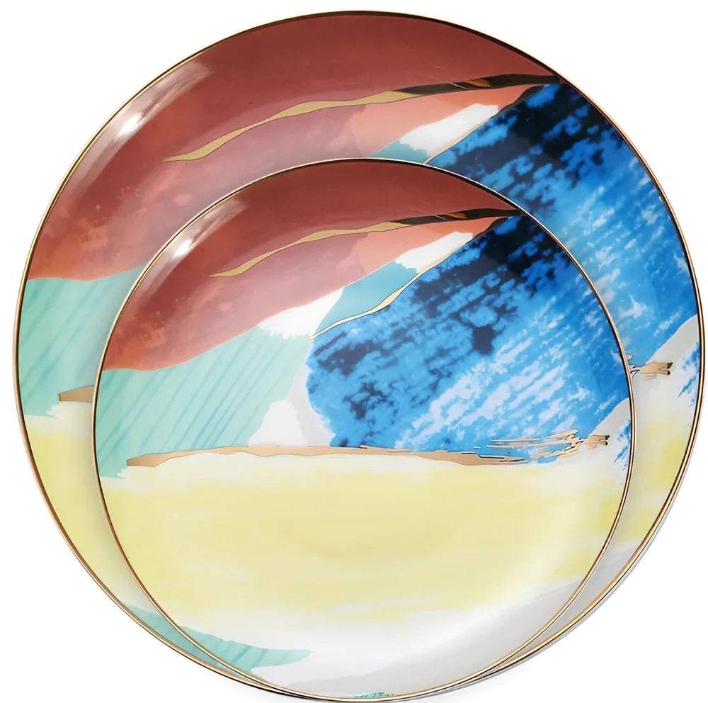 Watercolor dessert plates set in pink with 26.5 cm diameter, 45% bone china, real gold edges on handmade porcelain