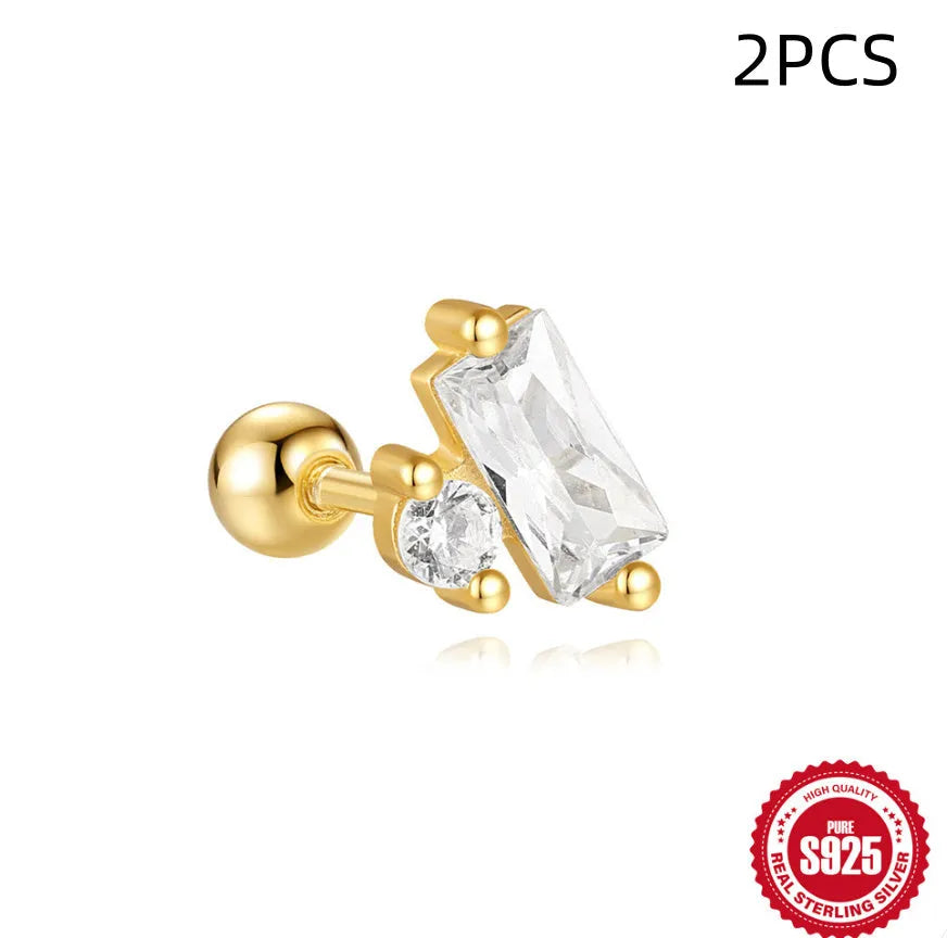 S925 sterling silver floral stud earrings with square gravel detail in a golden electroplated finish.