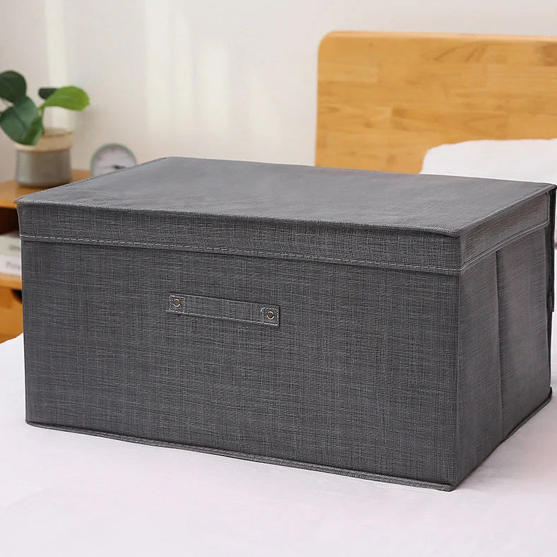 Fabric foldable storage box in light grey with dimensions 40×30×25cm showing folded and unfolded states