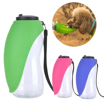 Portable pet water bottle with drinking bowl in blue, showing 680ml capacity and key lock mechanism