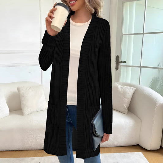 A loose-fit long sleeve knitted cardigan jacket with pockets, shown in black, grey, or wine red.