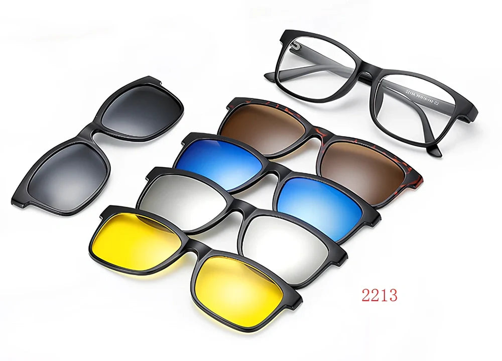 Magnetic sunglasses showing closure system with resin lenses and PC frame in multiple size options