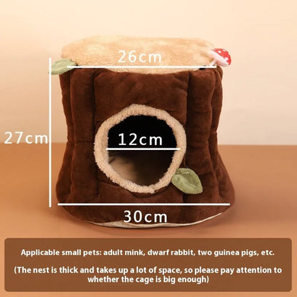 Brown cloth hanging winter stump nest for rabbits, shown in a small animal cage.