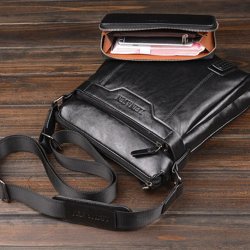 Men's soft messenger shoulder bag with zip closure and polyester lining in black, brown, or khaki