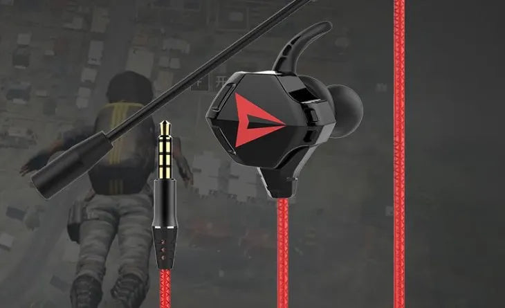 Black red 3.5mm in-ear gaming earphones with mic, 10mm driver, silicone eartips, and 1.2m TPE cable