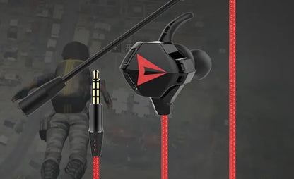 Black red 3.5mm in-ear gaming earphones with mic, 10mm driver, silicone eartips, and 1.2m TPE cable