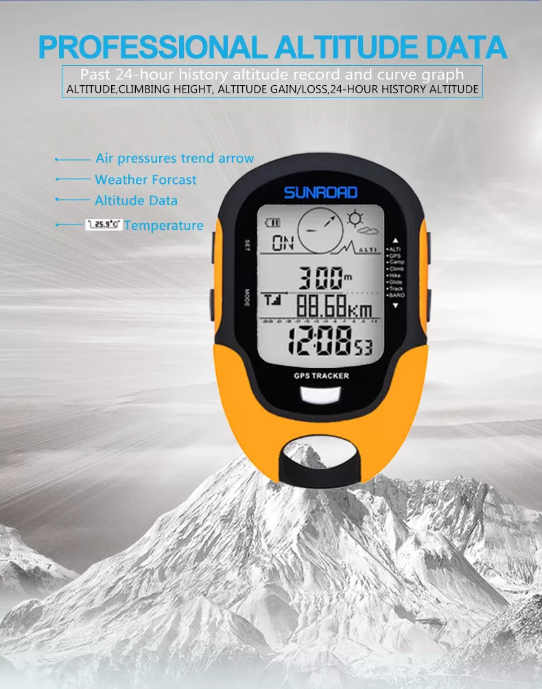 Yellow Outdoor Navigation Altimeter with air pressure display and electronic compass