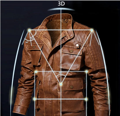 Men's PU leather jacket with velvet lining, available in khaki, black, and brown, sizes L to 5XL