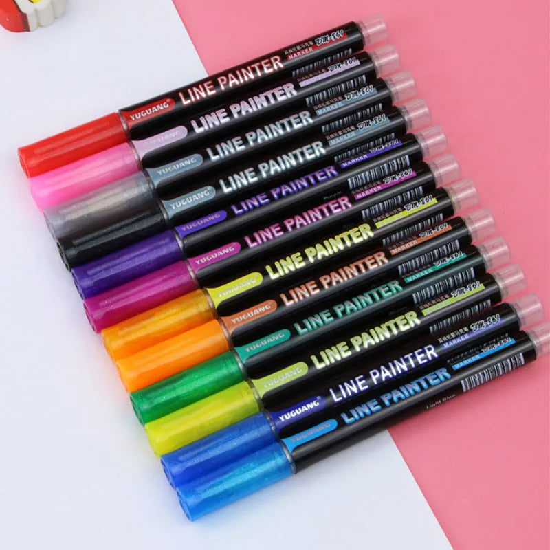 12 colour metal double line outline pen set showing 13cm length and plastic pen tips