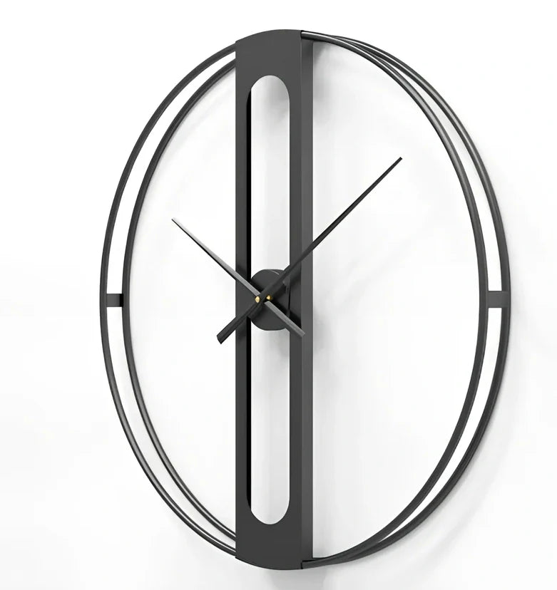 50cm round metal wall clock with black finish showing clear numbering and quartz movement