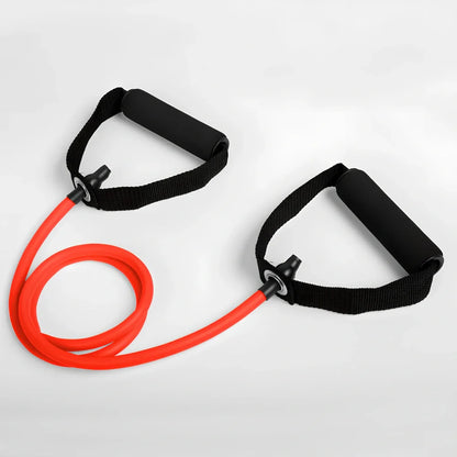 Five colour-coded latex resistance bands showing 120cm length with resistance levels from 10-30 pounds