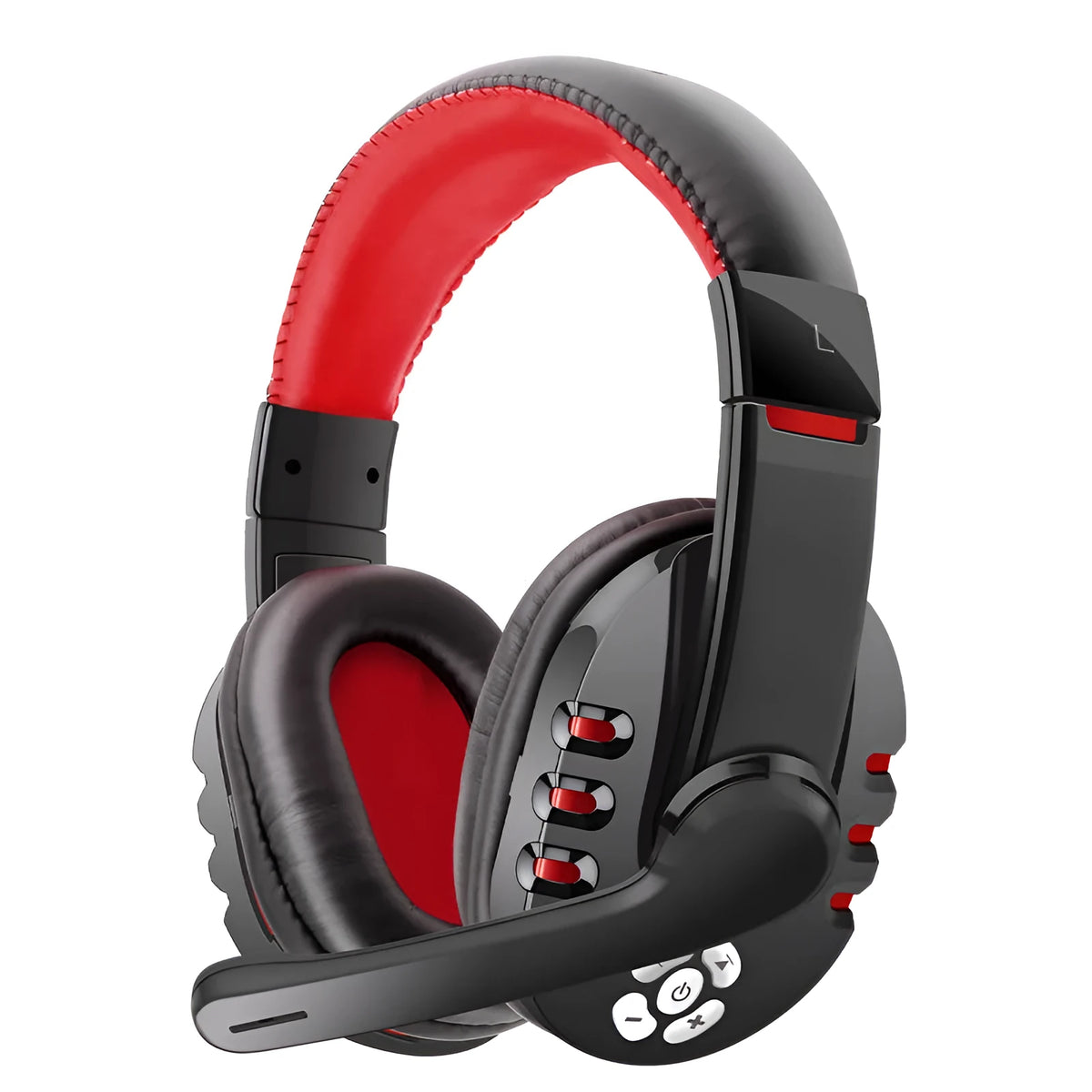 Black wireless Bluetooth headset with 40mm speakers, 300mAh battery, and up to 10m range
