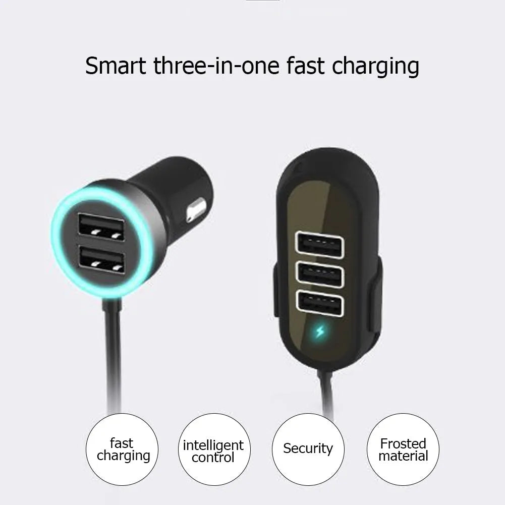 Black and white car rear seat charger with USB output, 12-24V input, and ABS PC body