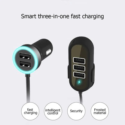 Black and white car rear seat charger with USB output, 12-24V input, and ABS PC body