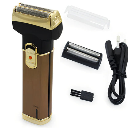 Rechargeable men's electric shaver with 13.8cm handle and compact 230g design