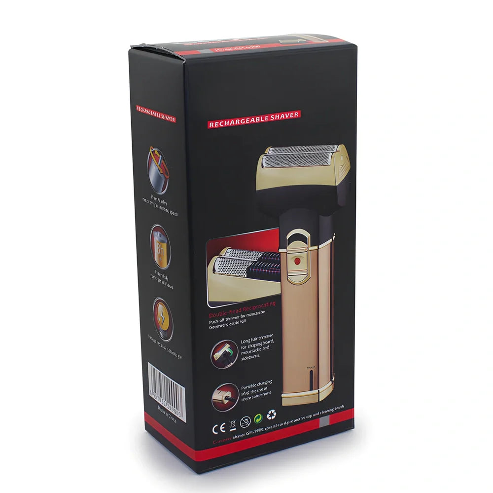 Rechargeable men's electric shaver with 13.8cm handle and compact 230g design