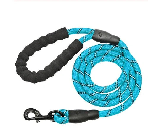 Reflective dog leash with foam handle showing 1.5m length and zinc alloy hook
