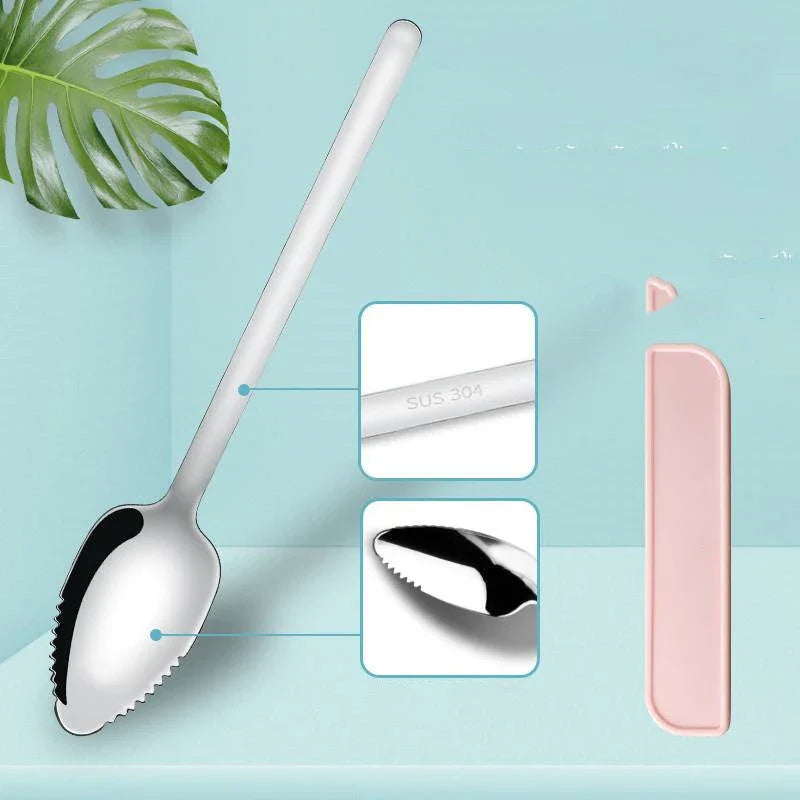 Stainless steel fruit spoon with sawtooth edge and dual-headed design for easily scooping grapefruit and desserts