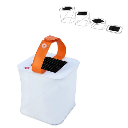 White inflatable solar LED lantern showing collapsed and inflated states with waterproof IP55 rating details