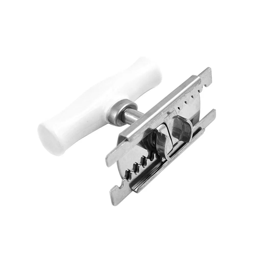 White stainless steel adjustable manual bottle opener with ABS handle on a plain background
