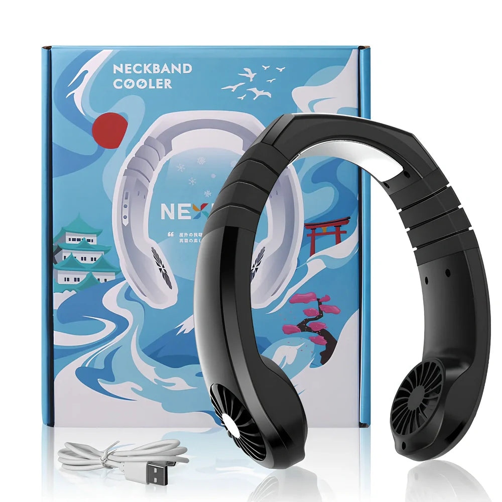 NEXFAN neck fan with dual batteries and cooling wafers measuring 18.2x20x6cm