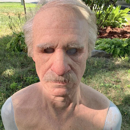 Latex old man Halloween mask with white hair and beard showing realistic facial wrinkles