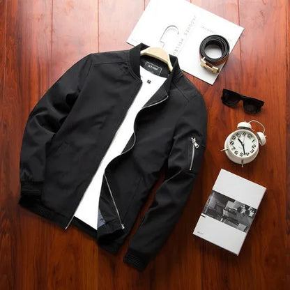 Men's slim-fit casual baseball jacket in solid colour with zip front and side pockets