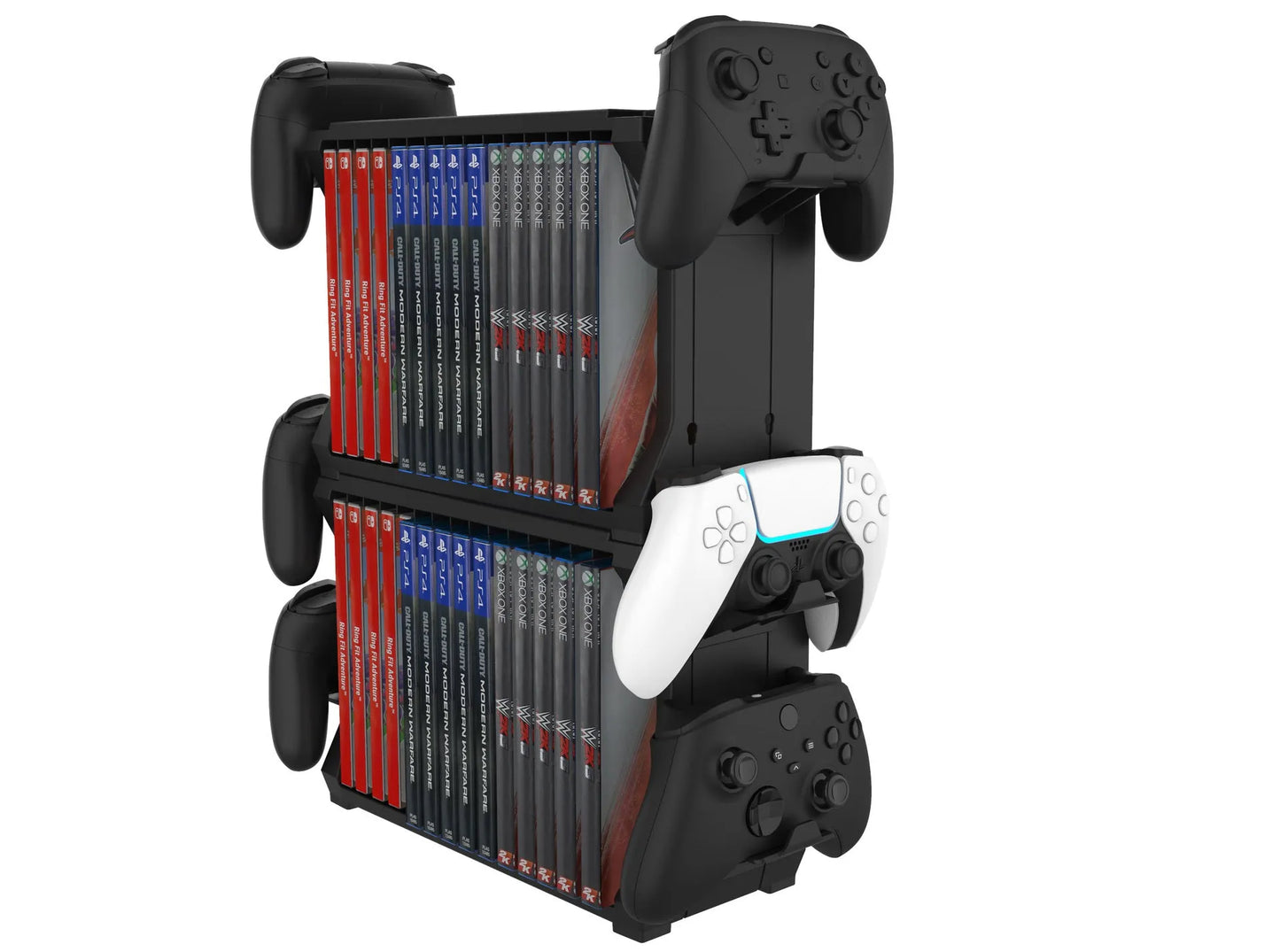 Black PS5 and Xbox Series X disc holder with game cartridge slots and four controller handle storage